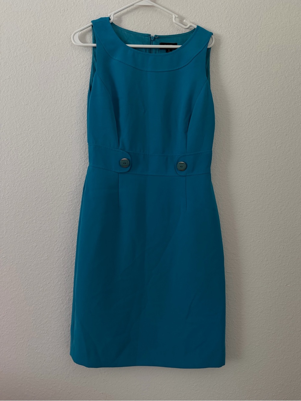 Tahari Sleeveless Teal Sheath Dress with Waist Button Detail